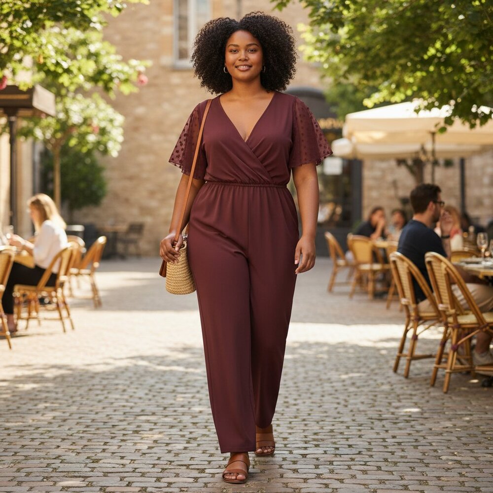 SHEIN Curve Women's PLUS 4XL Burgundy Surplice V Neck Flutter Sleeve Jumpsuit